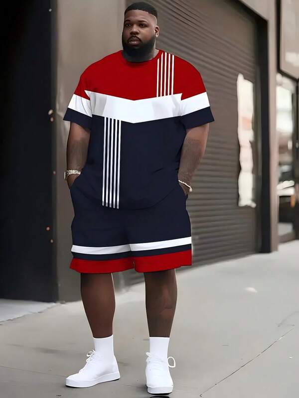 Męski komplet plus size z geometrycznym wzorem, 2 sztuki, plus size | Top i spodenki z grafiką 3D, okrągły dekolt, krótki rękaw, rozciągliwy, oddychający poliester | Luźny krój, swobodny, sportowy styl | Nadaje się do noszenia na co dzień i na imprezę, przytulne stylizacje