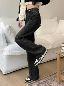 休闲水洗高腰直筒牛仔裤 - 黑色 - 查看 3