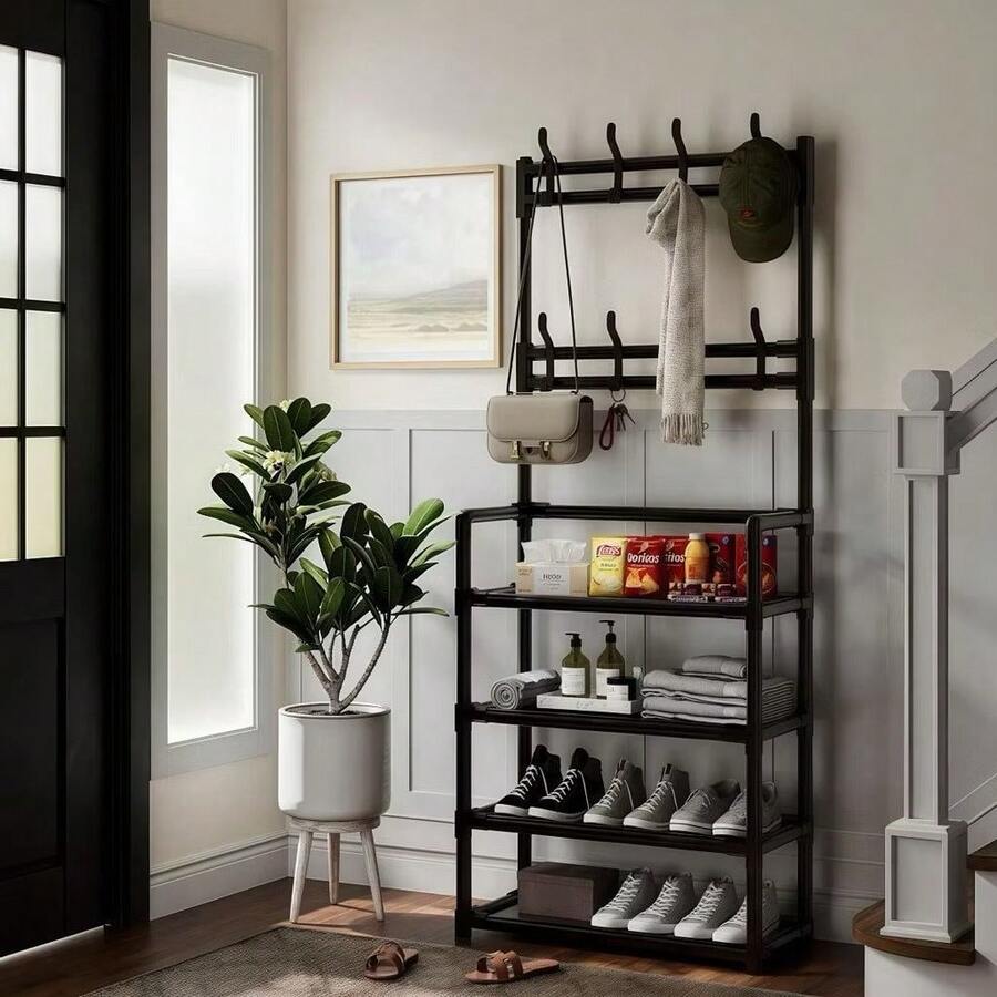 ￼ 4-Tier Shoe Rack Organizer Hanger Support Multipurpose Shoe Tennis Clothes Closet Bedroom Cabinets - màu đen - Xem 1