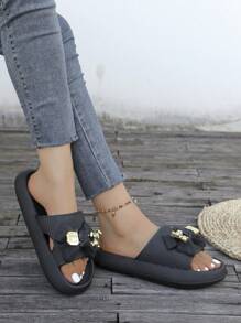 1 par de chanclas casuales para mujer con diseño de oso de dibujos animados y lazo, de unicolor, básicas y elegantes, adecuadas para la playa, las vacaciones y como regalo para el Día de la Madre