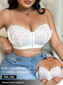 Plus Size Women Front-Closure Lace Patchwork Bra, Minimalist Wireless Comfortable Lingerie