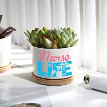 1pc Ceramic Planter Pot With Bamboo Tray (3.6"X2.6"), Succulent Planter, Nurse Life Theme - Nurse Cap, Stethoscope, Pill Elements With "Nurse Life" Text, Planter Pot Gift, Yard Decor, Desktop Decoration