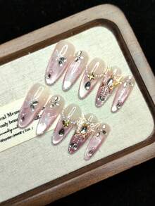 Handmade Nail Art Press-On Nails, Shiny, French Dual-Tone, 3D Butterfly Design, Rhinestones, Fashionable High-End Cat Eye Effect, Reusable For Women - Pink - View 2