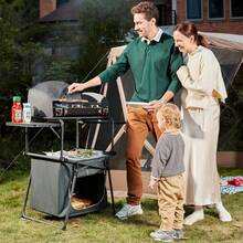 Camping Kitchen Unit With Storage, Folding Outdoor Kitchen Table With Windscreen, Foldable BBQ Table For Camping Storage Picnic Dining Party, Includes Carry Bag - Dark Grey - View 2