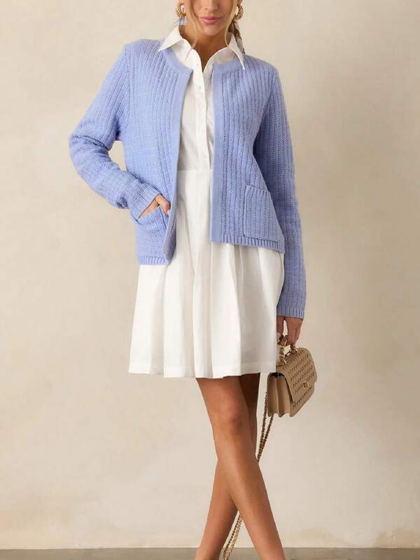 Elegante Cárdigan de punto para mujer con cuello redondo, manga larga, bolsillos, versátil para primavera y otoño