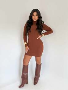 Premium Irregular Dress Long Sleeve Ribbed Vintage Elegant Sexy Boho Women's Fashion Winter - 鏽棕色 - 查看 3