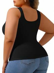 One-Piece Pack    Casual-Sporty  Cute-Sweet  Knitted Fabric      Spring/Summer/Fall  Women Plus Size Spring And Summer Ribbed Hair Big U United States Back Vest For Women Slim Solid Color Inside Wear A Base Shirt Sports Yoga Plus Tank Shirt - 黑色 - 查看 3