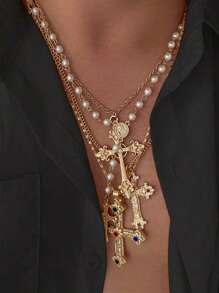 Set de 4 collares con colgante de cruz incrustado de circonia y cobre, adecuado para uso diario, fiestas y reuniones