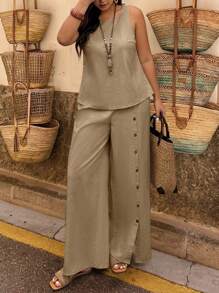 Plus Size Women Summer Simple Solid Color Tank Top And Button Fly Wide Leg Pants 2 Pieces Set