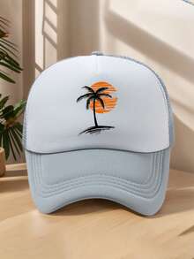 1pc Men's Black Coconut Tree, Sunrise, Sunset Line Cartoon Patchwork Contrast Color Adjustable Outdoor Casual Sports Beach Printed Polyester (Polyester) Mesh Foam Net Truck Driver Cap Baseball Cap, Suitable For Daily Decor, Spring/Summer/Autumn - A - View 10