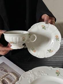 1 套陶瓷杯碟，法式复古风格下午茶和甜点盘，花卉黄玫瑰浮雕陶瓷咖啡杯，也适用于早餐、牛奶、茶、办公室、餐厅、厨房、户外、家庭使用、宰牲节、开斋节礼物、节日礼物 - 彩色 - 查看 2