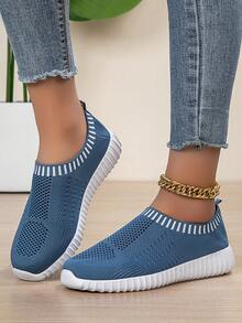 女士透气针织运动鞋休闲系带户外鞋轻便纯色鞋个性化舒适简约 EVA 女鞋 - 寶藍色 - 查看 6