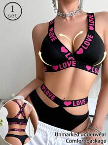 Women Letter Printed Underwear Set, Wireless Sports Lingerie Bra And Panty Set, Thin Style