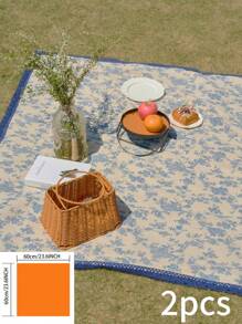 1pc French Romantic Vintage Floral Print Picnic Mat, Navy Blue Lace Trim, Thick & Durable, Multipurpose Covering Blanket Perfect For Outdoor Picnic, Family Gathering, Backyard, Afternoon Tea, Photography Background, Suitable For All Seasons