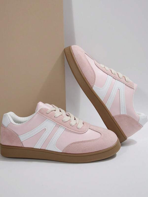 Zapatos deportivos y casuales de moda para mujer, zapatos rosa con diseño geométrico a rayas, tenis casuales rosas cómodos y suaves, zapatos para patineta