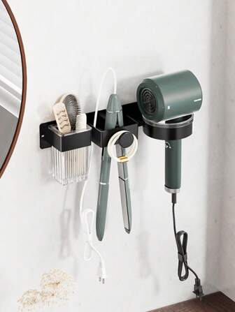 1 pieza Soporte de pared para secador de pelo, fácil instalación sin taladrar, estante para secador de baño, estante de almacenamiento para plancha y rizador, organizador multiusos