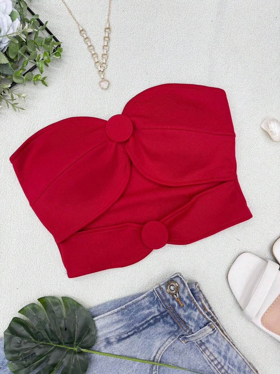 ELLIE Women's Strapless Crop Top With Button Details - 紅色 - 查看 1