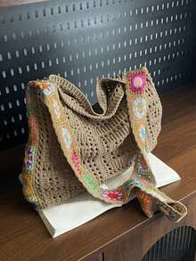 Yogodlns 极简针织单肩包、波西米亚风钩针手提包、复古蕾丝镂空钱包、女士休闲腋下斜挎包、时尚网眼钩针单肩包、休闲购物袋、大容量针织旅行钱包/手提包 - 卡其色 - 查看 8