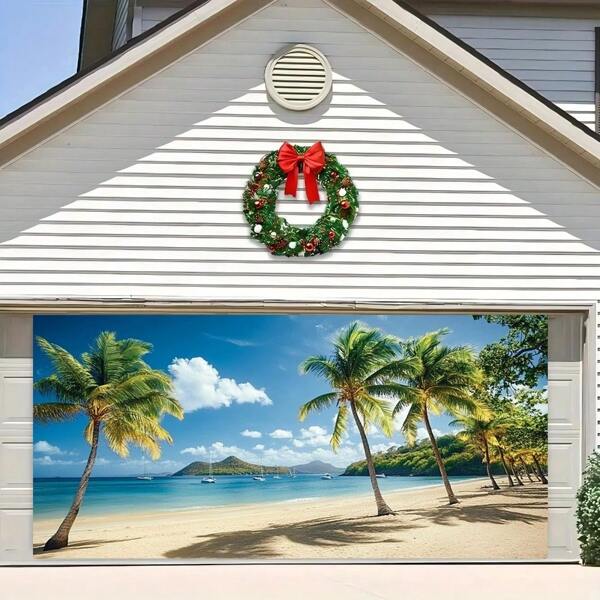 1 bannière de fête tropicale d'été, scène de plage hawaïenne, décoration de porte de garage polyvalente, convient pour l'intérieur/l'extérieur, le jardin, Noël, les célébrations du Nouvel An, décoration de style hawaïen