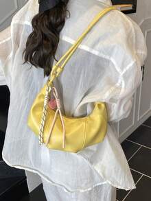 1 pieza Bolso de hombro de unicolor de PU, bolso de mano en forma de media luna de gran capacidad para mujeres adultas, conjunto de moda para compras al aire libre - Amarillo - Ver 4