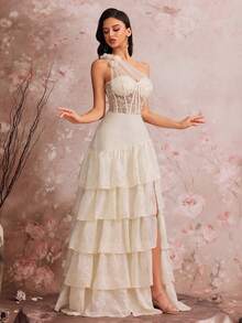 Women's Corset Fishbone Handmade 3D Flower Embroidered Sequin Slanted Shoulder Slit A Line Sexy Dress Adjustable Back Strap Suitable For Different Body ,Elegant Luxurious Long Dress For Women, Making Women Younger And More Charming, Suitable For Various Parties, Graduations, Weddings, Events And Various Banquets Dancing Parties, Formal Ball Gown Party Dress, Wedding Guest Dress ,Evening Dress(Deluxe Edition) - 杏色 - 查看 5