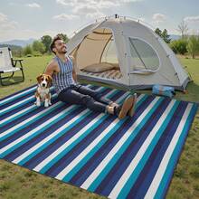 Outdoor Waterproof Patio Rug 5X8 6x9 8X10 9X12 Plastic Straw Reversible Lightweight Outside Blue Orange White Red Stripe Large Carpet Outdoor For Camping RV Porch Deck Balcony Beach - Four-color Blue and White Stripes - View 2