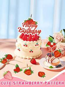 8 件草莓生日快乐蛋糕装饰草莓派对装饰品浆果生日快乐蛋糕挑选草莓生日派对蛋糕装饰品 - 彩色 - 查看 8