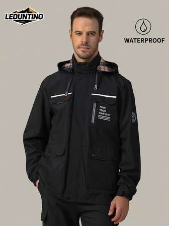 LEDUNTINO [Wiosna i lato] Męska modna kurtka outdoorowa z zamkiem błyskawicznym, sportowa, jednolita bordowa/zielona/szara, nadruk z hasłem, prezent dla chłopaka, męskie cienkie bluzki na wiosnę i jesień, odpinany kaptur, wiatroszczelna, wiatrówka, wiele kieszeni, kurtka z nadrukiem liter dla mężczyzn, jesień/zima