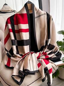 1 件女士几何印花仿丝围巾，时尚百搭防晒披肩，旅行和日常装饰，春秋