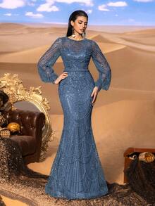 Faeriesty 高级魅力优雅长袖亮片鱼尾礼服，专为女性打造——精致的水晶串珠刺绣，闪耀夺目的全身细节，修身喇叭裙摆，适合红毯活动、奢华婚礼、正式晚宴和时装秀等场合。 - 霧霾藍 - 查看 6