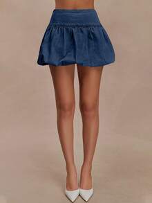 High Waist  Denim Mini Skirt For Women - Solid Color Summer Casual Chic Jean Skirt With Elegant Sweet Style - 深色水洗藍 - 查看 4