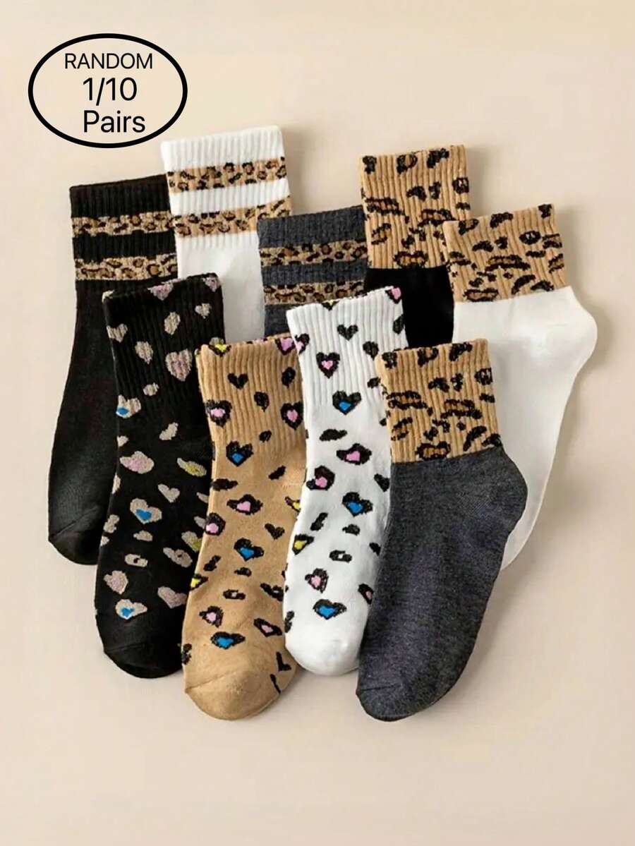 1 双/10 双随机颜色豹纹和条纹图案时尚百搭舒适女士中筒袜，适合圣诞节、返校季、骄傲月（美国）、复活节、母亲节、父亲节、狂欢节、斯堪的纳维亚极简主义风格、休闲日常穿着、春夏秋季