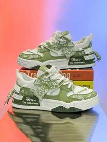 Zapatillas deportivas informales de moda para hombre,tenis para hombre,Suela gruesa antideslizante,transpirables y ligeros,Diseño exclusivo con graffiti urbano y acabados modernos,Perfectos para calle, trabajo y deporte, Colección limitada con detalles de malla y patrón colorido - blanco y verde - Ver 6