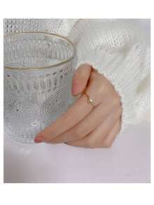 1pc Geometric V-Shaped Pearl Decor Opening Copper Ring, Suitable For Wedding Season And Engagement - Yellow Gold - View 5