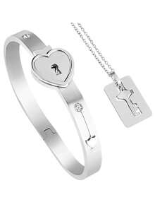 1 طقم قلب قفل وسلسلة مفتاح قلادة وسوار، مناسب للارتداء اليومي - سوار مربع - مشاهدة 3