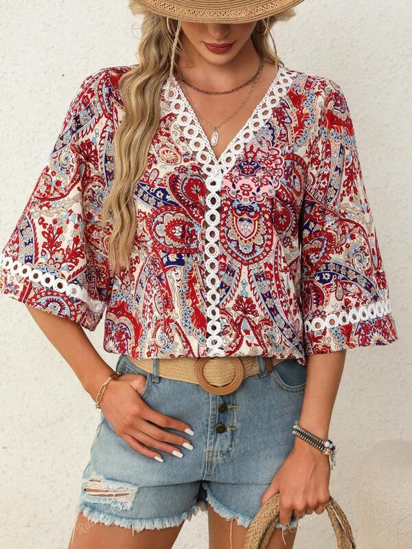 Bohemian Style 3/4 Sleeve Women Blouse, Suitable For Beach, Casual Or Mother's Day In Summer