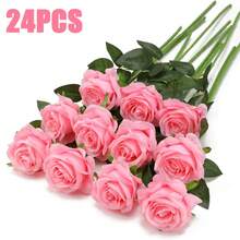 40支仿真玫瑰花束，丝绸假花，逼真长茎玫瑰，适用于婚礼装饰、新娘送礼会中心摆件、花艺布置、派对家居餐桌装饰、情人节、生日、周年纪念日 - 粉色 - 查看 2