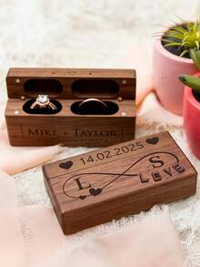1 pieza Caja de madera grabada con "Sr y Sra" - Elegante portaanillos de compromiso/boda cuadrado negro, regalo creativo para aniversario/cumpleaños/Día de San Valentín, vuelta al colegio - Nogal (forrado de arpillera) - Ver 6