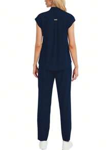 2pcs Solid Color Notched Neck Top And Pants Uniform Set Scrub Set