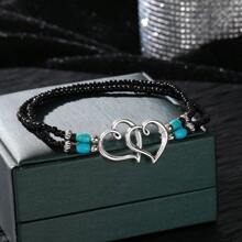 1pc Bohemian Layered Beaded Women's Hollow Double Heart Charm Ankle Bracelet Summer Beach Vacation Foot Jewelry Gift