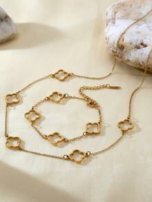 TONSI 1pc Fashion 18K Gold Plated Stainless Steel Elegant Four Leaf Clover Bracelet Necklace, Hypoallergenic Jewelry Suitable For Women, Gift Box