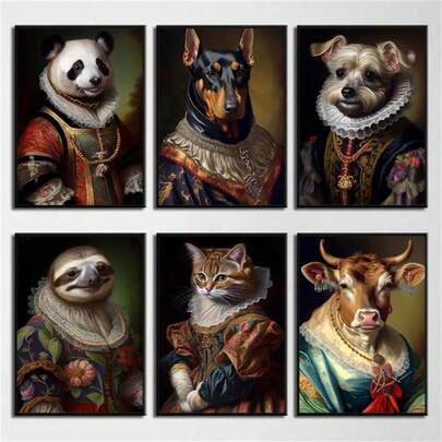 1 Pc Optional Frame Posters Wall Arts Animals Vintage Wall Art Canvas Painting Noble Animals Portrait Art Posters Chic Cat Dobermann Cow Panda Bird Home Decor Print ,Wall Art With Frame