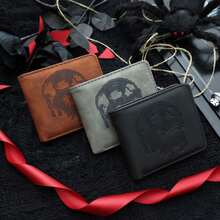 复古骷髅设计男士钱包 - 柔软仿皮卡包和钱包，休闲风格，带压花骷髅图案，是送给他的完美礼物，小钱包零钱包男士钱包 Waller 男士零钱包 周年纪念礼物 男士礼物 男士生日礼物 趣味礼物 小礼物 礼物创意 - 彩色 - 查看 2