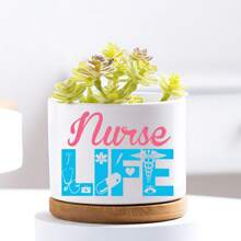 1pc Ceramic Planter Pot With Bamboo Tray (3.6"X2.6"), Succulent Planter, Nurse Life Theme - Nurse Cap, Stethoscope, Pill Elements With "Nurse Life" Text, Planter Pot Gift, Yard Decor, Desktop Decoration