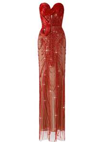 Astony One New Sexy Fitted Elegant Sequin Embellished Strapless Dress, Red Evening Gown Suitable For New Year, Valentine's Day, Carnival, Music Festival Parties, Engagement, Wedding, Birthday, Red Carpet Events - Red - View 9