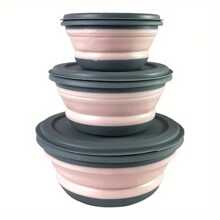 Ciotola pieghevole portatile in silicone con coperchio, durevole e facile da pulire, adatta per ufficio, all'aperto, viaggio, campeggio, picnic, forma rotonda, rosa e verde, utensili da cucina e da tavola