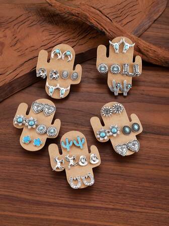 Set de 4 pares de aretes de estilo vaquero - Flor, herradura, cactus, botas vaqueras en forma de corazón, joyas de estilo vintage del oeste con turquesa, regalo de joyería de uso diario para mujeres