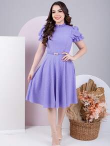 Women's Midi Dress With Belt Romantic Luxury Lese Cotton High Neck Elegant Modest Beautiful Party Wedding Zipper Buttons - Màu tím - Xem 2