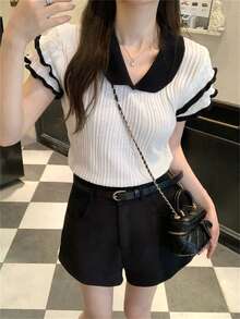 女士可爱优雅返校新款短袖针织毛衣，拼色马球领短款上衣