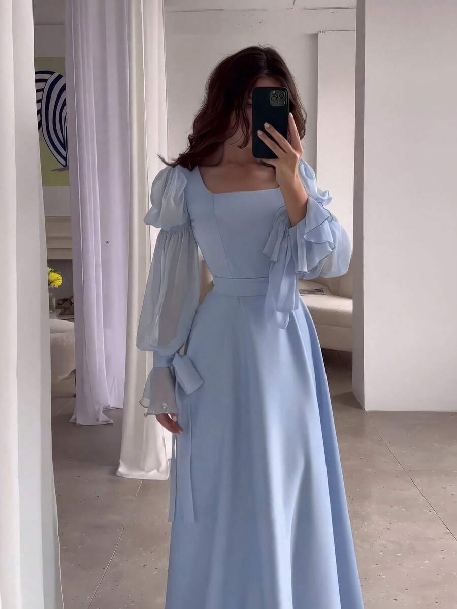 优雅女士长款修身梭织连衣裙，透明长袖，圆领，休闲风格